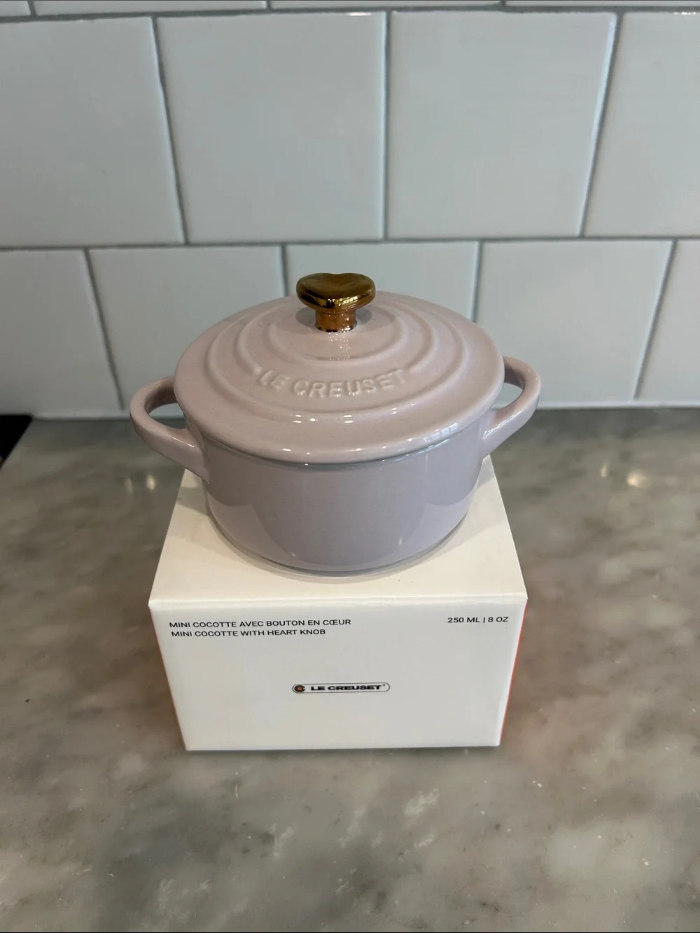 Le Creuset Mini Cocotte in Lavender with Gold Heart Knob